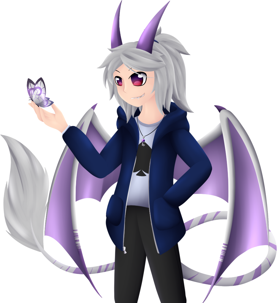 A silver haired boy with purple horns and bat wings, he wears blue hoodie jacket with a Ace marked shirt, and he holds a silver butterfly